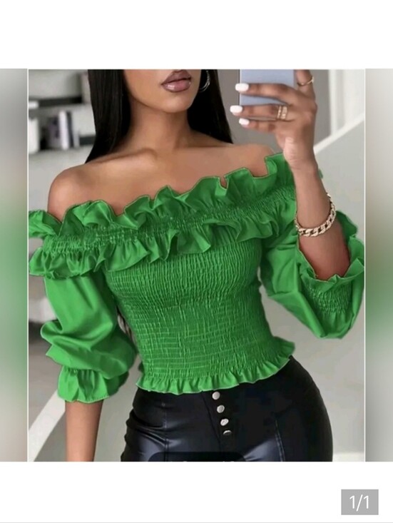 Tops - Off-Shoulder Ruffled Smocked Top in Green